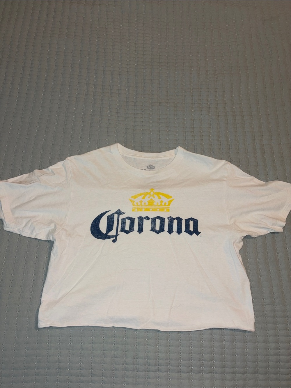 Corona White Tee with Navy Logo and Yellow Crown